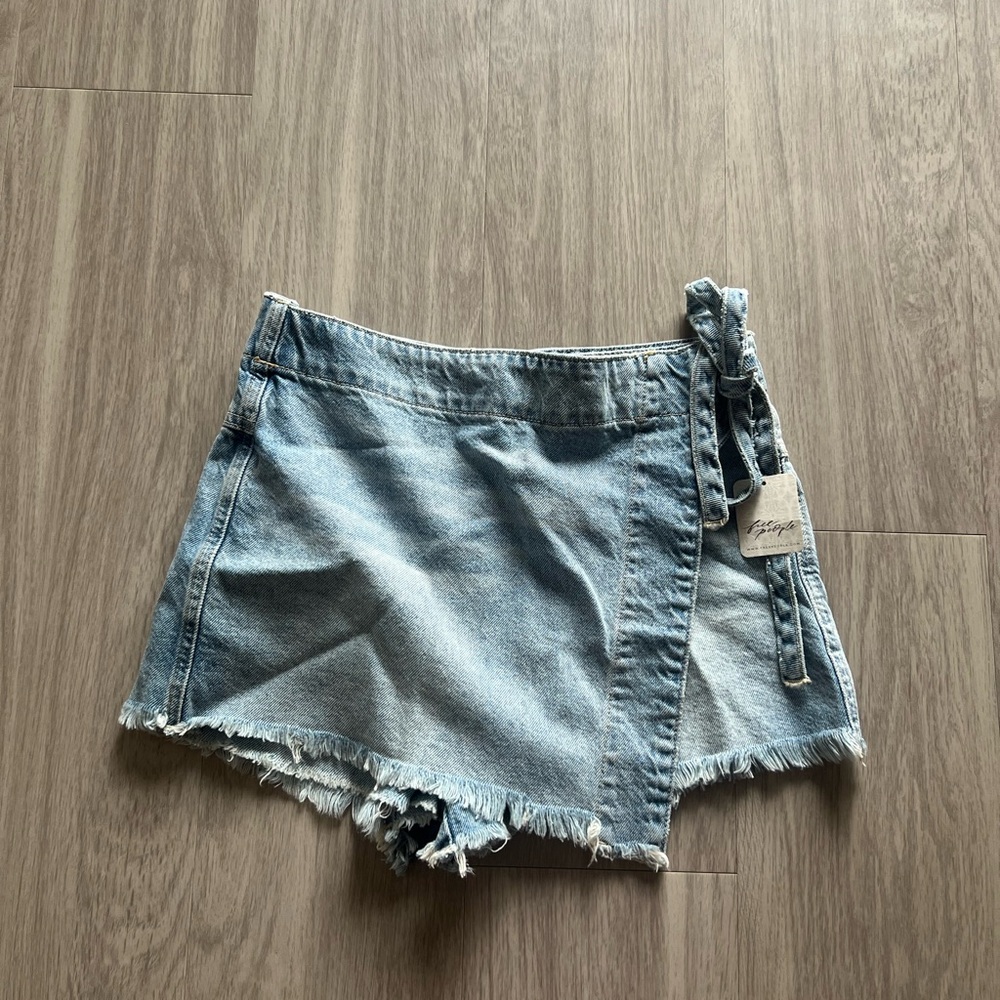 Free People Blue Skorts with High-Waisted Design and Distressed Hem